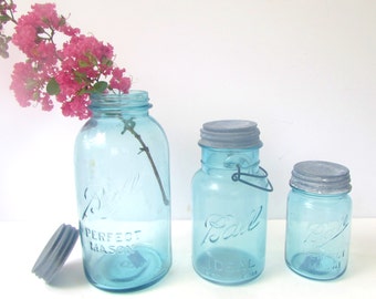 Vintage Ball Perfect Mason Jars - Blue - Zinc Lids - Half Gallon - Quart - Pint - Set M2