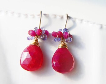 Ruby Drop Earrings, Red Gemstone Earrings, July Birthstone Jewelry, Cluster Earrings