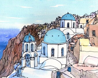 Santorini Oia 4 Greece art print from an original watercolor