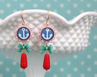 Anchor Lace Earrings Red Pinup cabochon White