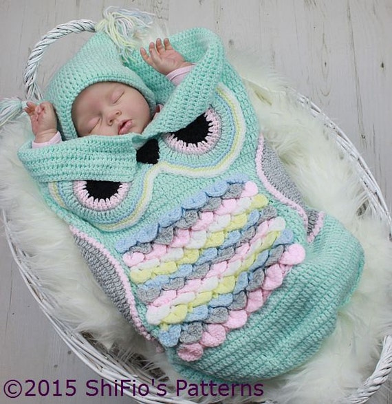 Download CROCHET PATTERN For Owl Baby Cocoon Papoose & Hat in 3 Sizes