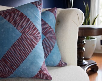 Set of 2 // 16" x 16" Geometric Pillowcases // linen throw pillow zippered screenprint blue home decor gift