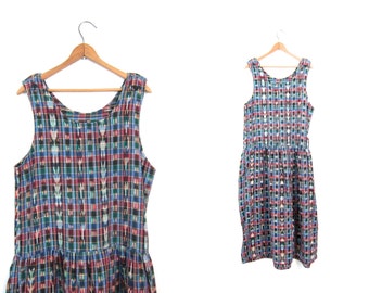 80s Vintage Dress Cotton GUATEMALAN SunDress Ethnic Midi Dress Long Colorful Boho FESTIVAL IKAT Print Tribal Frock Dress Womens Medium