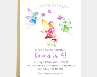 Fairy Birthday Party Invitation, Girl Fairy Birthday Invitation, Pink Purple Girl Fairy Birthday, Watercolor Toadstool, Printable or Printed