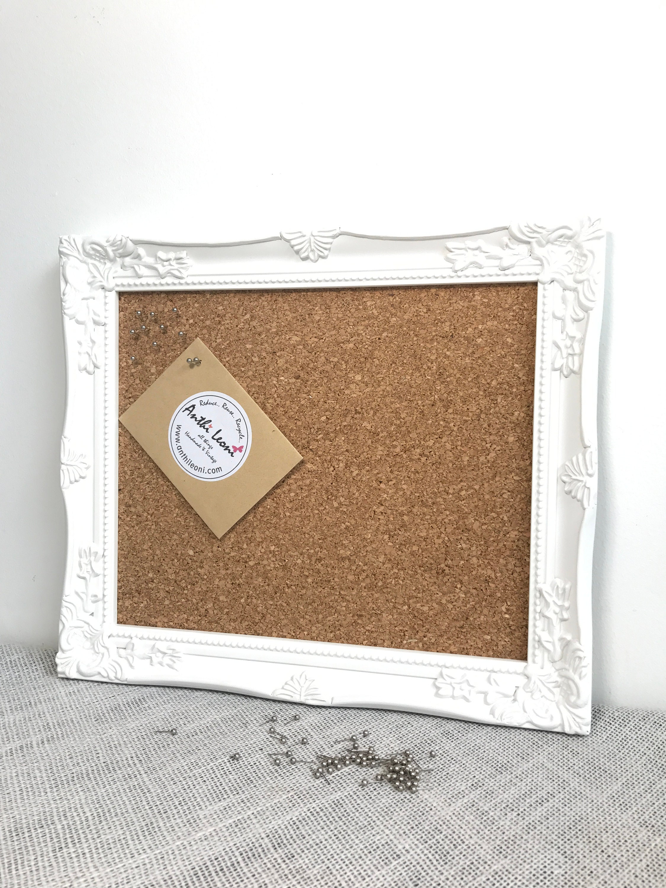 WHITE Wooden Framed CORK BOARD Framed Pin Board Ornate