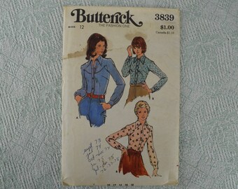 Butterick Sewing Pattern 3839 shirt blouse from the 1970s size 12
