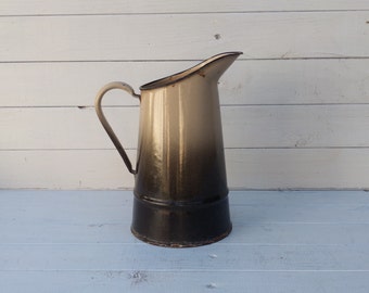 Black and Beige Enamelware Pitcher - Vintage French Enamel Water Jug - Modern Farmhouse Decor Vase - Kitchen Utensil Storage