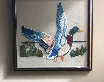 Vintage Embroidered Flying Duck Wall Hanging
