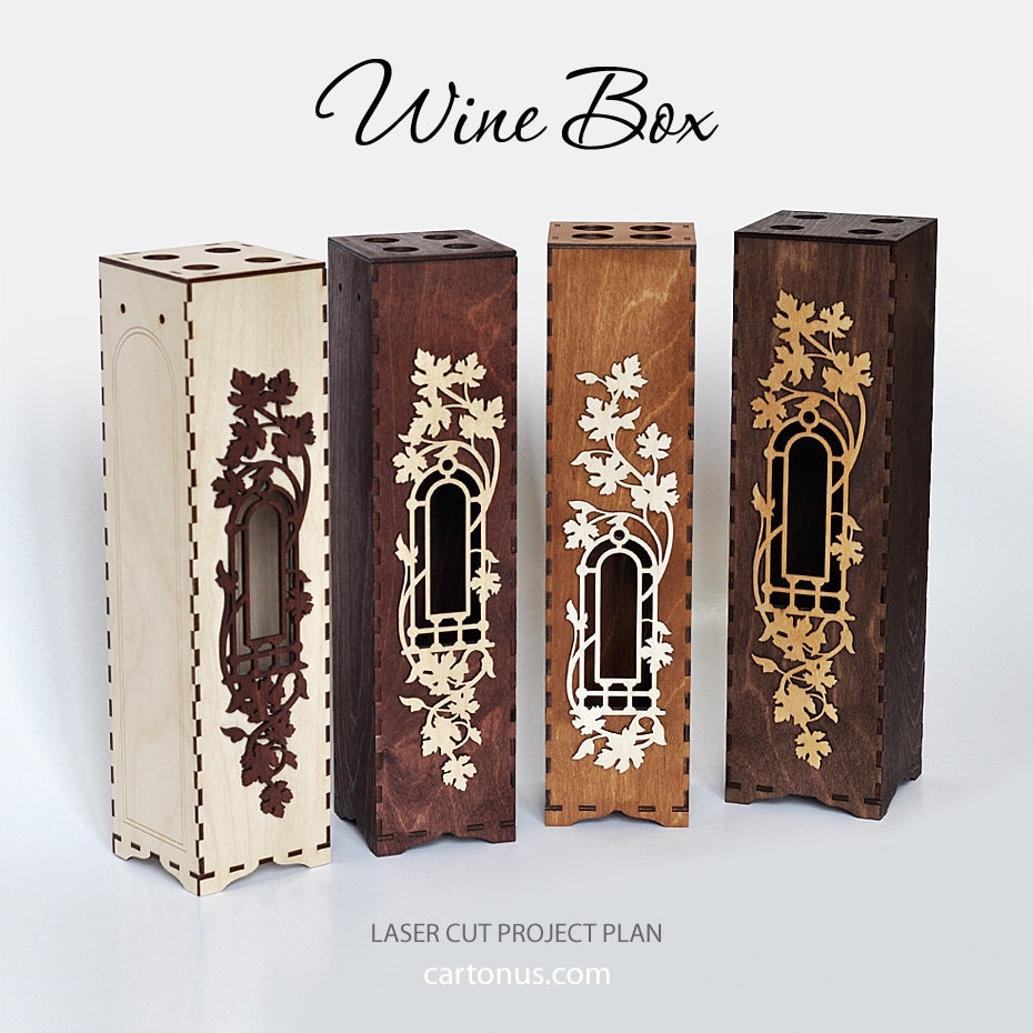 Wine box with window and decorative frame. Laser cut pattern.