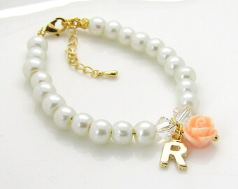 Gold personalized flower girl bracelet • children's pearl bracelet • gold flower girl jewelry • flower girl gift • wedding • kids gifts