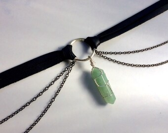 Jade Chain Draped O-Ring Choker/ Jade O-Ring Choker/ Jade Chain Choker/ Jade Black Choker/ Green Crystal Choker/ Elven Choker/ Fairy Choker