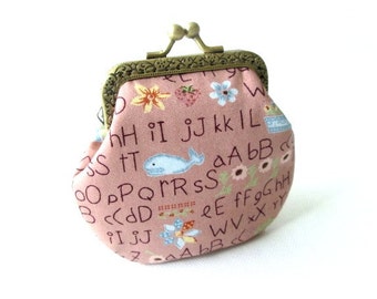 Brown frame coin pouch, cotton fabric with alphabet print, bronze kiss lock clasp, change purse