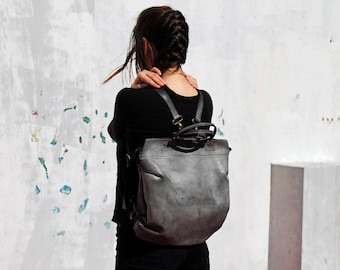 Leather backpack bag, Gray leather backpack, Gray leather bag, Women leather handbag, Handmade leather bag, Women leather backpack, for her