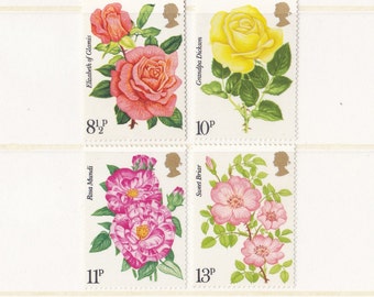 1976 Rosen Vintage Briefmarke gesetzt; Blumen auf Briefmarken, Rosa, Hundsrose, rosa, gelb, Orange, Hochzeit, Blumenstrauß, Minze, unbenutzt oder verwendet