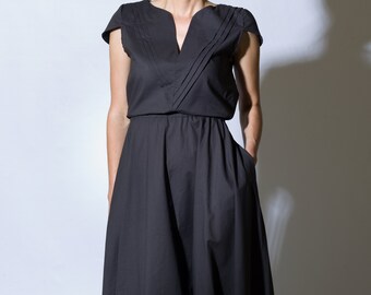 Summer Cotton Dress by TAVROVSKA, Gray Long Dress with Lining, Floor Lightweight Woman Dress, Long Midi Cup Sleeve V-neck Dress