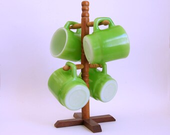 Anchor Hocking Mugs, Vintage Coffee Cups, Mug Rack Set, Green Stacking Mugs, 1970s Retro Kitchen