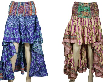 Womens 2pc Hi Low Skirt Recycled Vintage Sari Gypsy Fashion Long Ruffle Flirty Flare Summer Skirts S/M