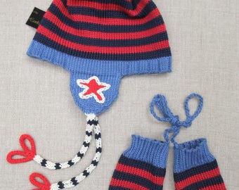 Knitted cotton hat & separate mittens