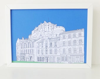 Edinburgh Print, Edinburgh Castle and Grassmarket, Blue art print, digital print, art, Scottish art, Picture of Edinburgh, Scotland