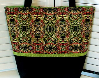 Green & Black Misses HANDBAG TOTE PURSE "Kaleidoscope" Art Deco Style Cotton Print Fabric Double Handles Gray Mountain Purse-A-Nalities