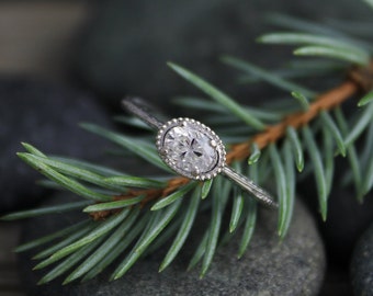 14k White Gold Moissanite Ring, Oval Vintage Inspired East to West Engagement Ring, Conflict Free, Made to order