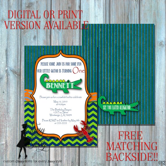 Alligator Birthday Invitation, Crawfish Invitation, Swamp Theme Invitation, 012