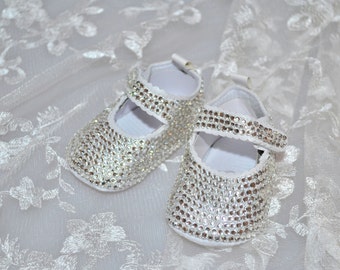 Swarovski Crystal Silver Glitter baby pram bootie crib pre walker shoes with velcro strap - ideal xmas christening present!