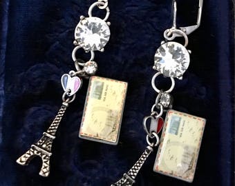 Post Cards from Paris, vintage inspired earrings, France, Eiffel Tower, rhinestones, souvenir