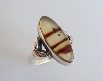 Agate Ring, Vintage Art Deco Ring, Sterling Silver Agate Ring, Ladies Marquis Shaped Agate Stone Ring Size 7.75, Antique Ring