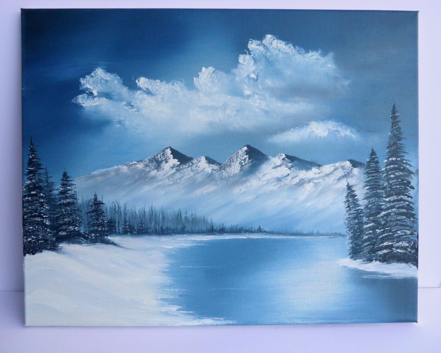 Bob Ross Style Oil Painting Landscape Blue Winter Mountains.