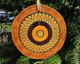 Spirography Sunflowers on Live Edge Birch Wood Slice Pyrography Wood Burning
