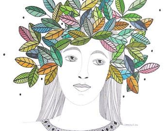 Original Art Illustration Drawing Painting Watercolor Crown Of Leaves Multicolored Portrait Of Woman Graphic Art