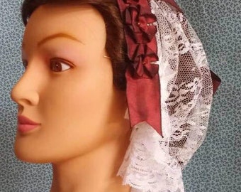 White Lacy Daycap with burgandy chanegable Ribbon