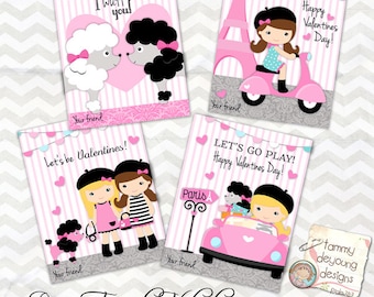 Paris Valentine cards for girls * Kids Valentines Day cards * DIY printable valentines * Pink Poodle Valentines, personalization extra