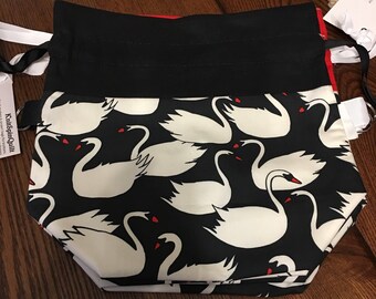 SWAN print -- medium fully-lined cotton drawstring knitting project bag