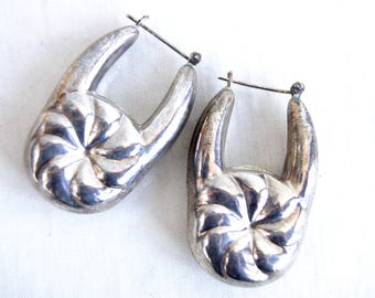 Large Statement Hoop Earrings Vintage Sterling Silver Puffy Hoops Hollow Dangles Cloud Pinwheels