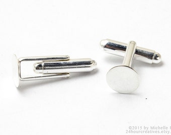 Sterling Silver Cuff Link Blanks - 10mm Flat Pad Cufflink - .925 Sterling Silver Cufflink Blanks - Glue-on Customizable Cufflinks - Per Pair