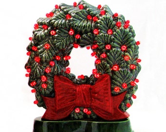 Old Fashioned Ceramic Christmas Wreath Big Red Bow Double Sided Electric