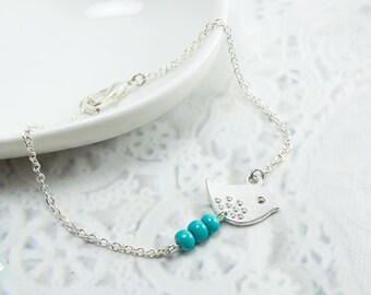 Bird bracelet, bird charm bracelet, silver bracelet, turquoise bead, charm bracelet, cute bracelet, friendship bracelet, silver chain