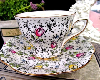 ROSINA tea cup and saucer chintz painted JUNE rose pattern teacup