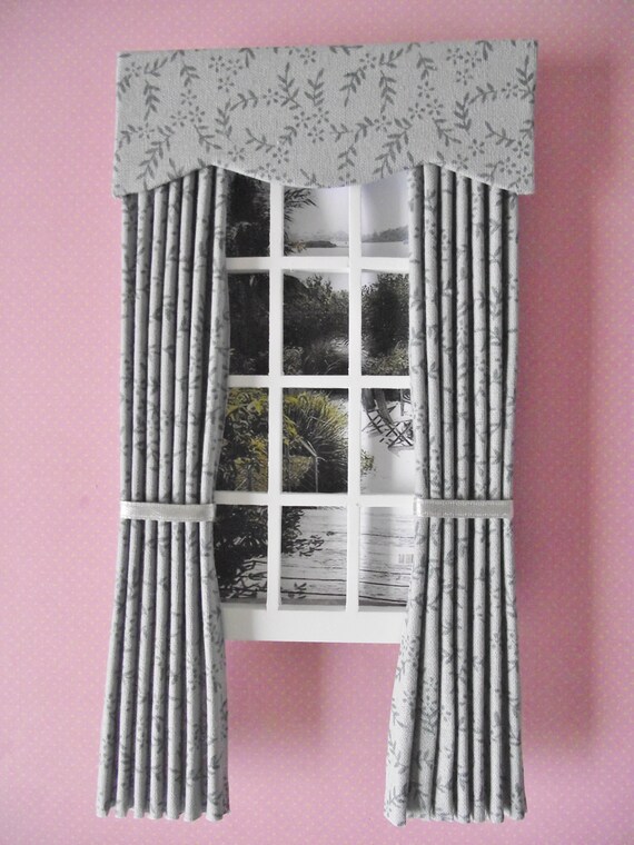 Miniature dolls house curtains drapes grey floral vine