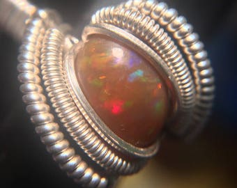 Sterling Silver Wire Wrapped Ethiopian Opal Ring, Heady Wire Wrapped Ring, Wire Wrapped Opal Ring, Opal Wire Wrap Ring, Heady Opal Ring