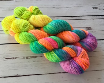 Neon Rainbow Hand Dyed Superwash Merino/ Nylon Sock Yarn