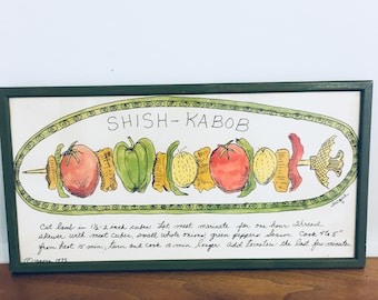 Soovia Janis Mid Century Framed Kitchen Shish-Kabob Recipe Print Framed, Hand Decorated, Jacque 1975, Kitchen Wall Art