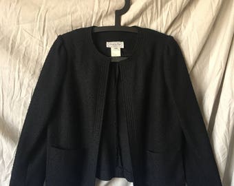 Union label jacket: black, boucle, light, breathable, 80s, Leslie Fay Petites, ILGWU