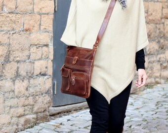 Brown Leather Organiser Cross Body Messenger Purse Bag