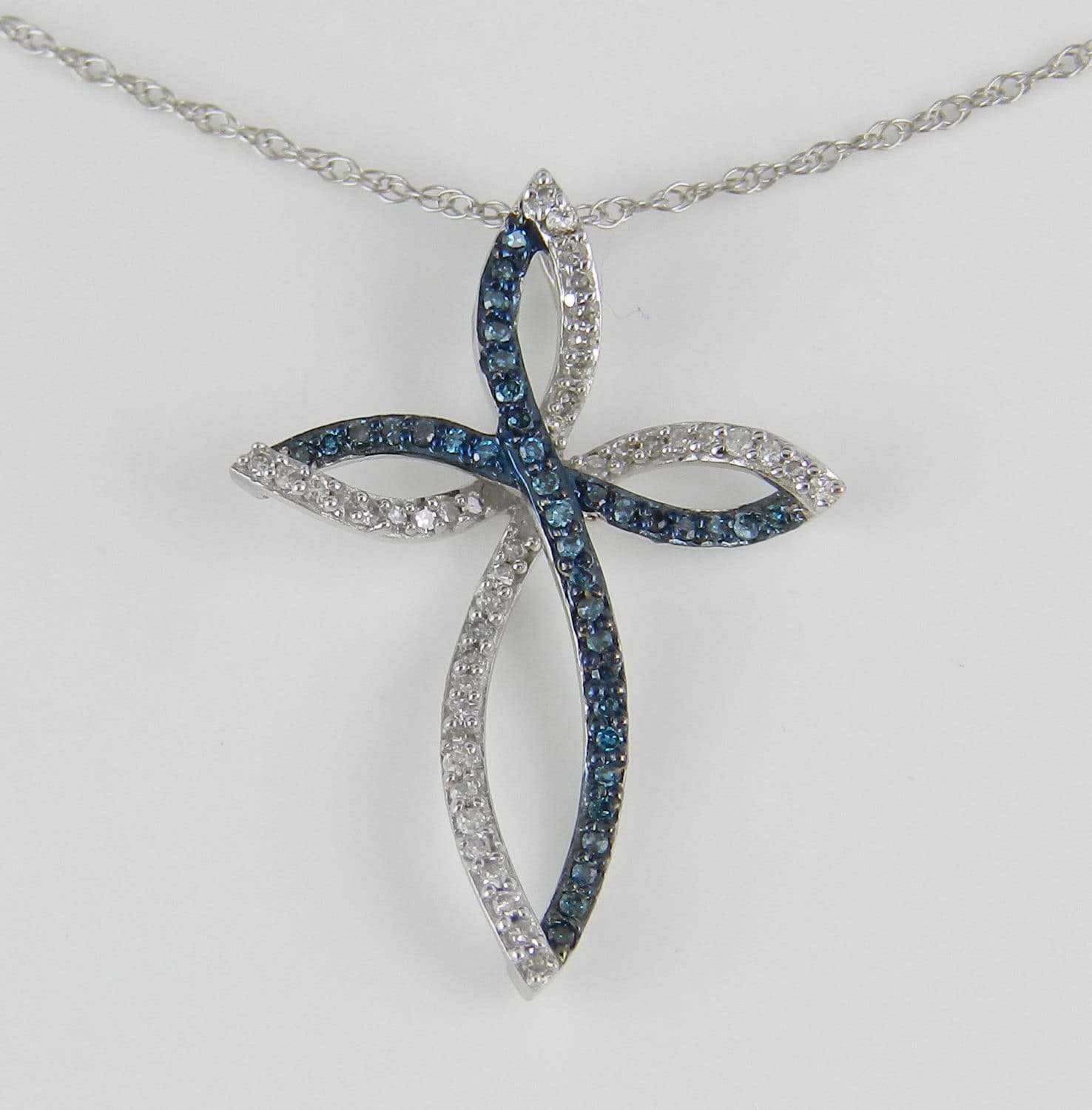 Fancy Blue Diamond Cross Pendant Necklace White Gold 18