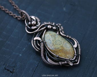 Fossil coral pendant Wire wrapped jewelry Wire wrapped pendant Heady wire wrap Hammered Copper jewelry Wire wrap jewelry Gift for her