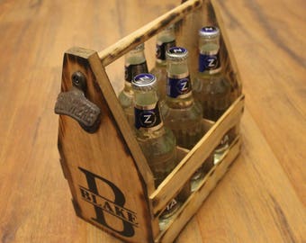 MONOGRAM LETTER Rustic Wood Beer Tote - Beer Carrier - Beer Caddy - Man Cave - Brewery - Personalized - Bottle Opener - Bottle Tote