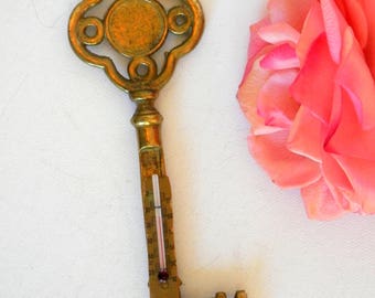 Brass Thermometer, Brass Key, Skeleton Key, Vintage Thermometer